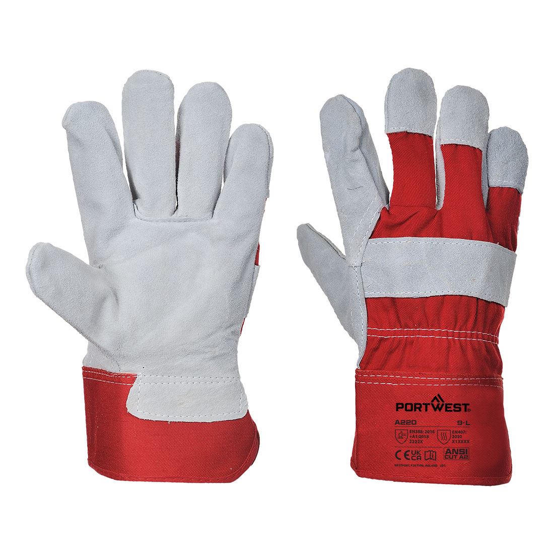 Portwest A220 Premium Chrome Rigger Werkhandschoen Rood Splitleer (12 paar)